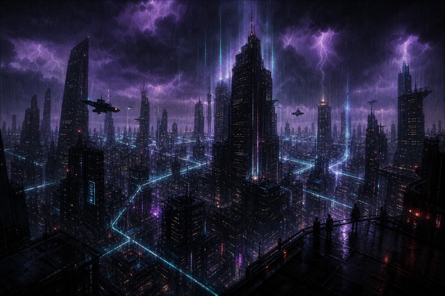 KI-generierte Konzeptvisualisierung einer neonbeleuchteten Megacity bei Nacht